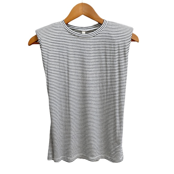 Elan Tops - ELAN Striped Sleeveless Shoulder Pad Top Black White Small